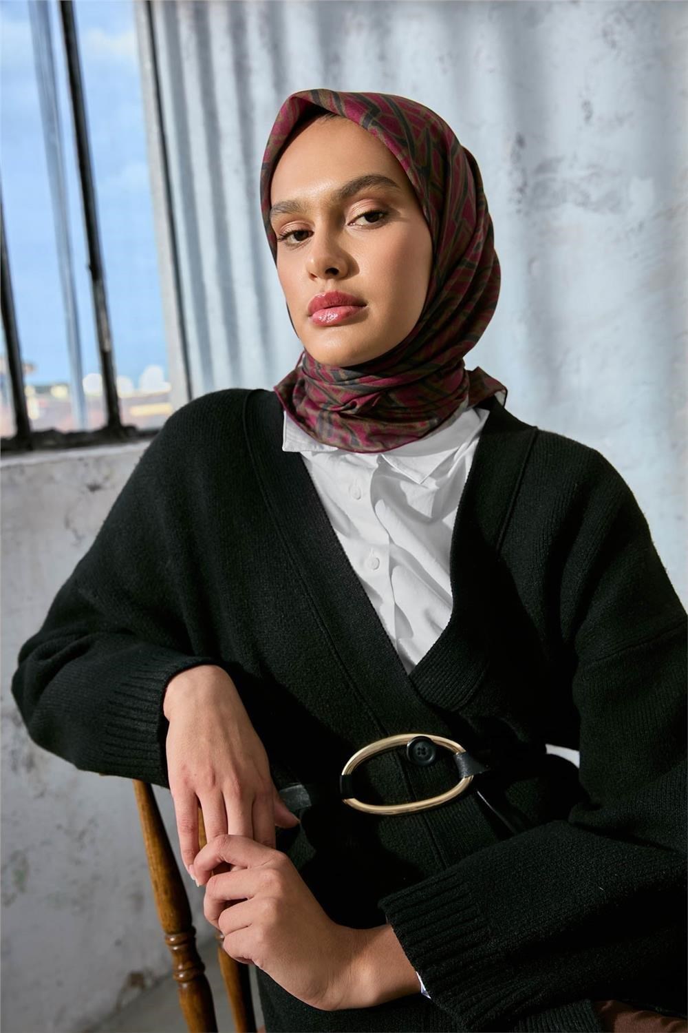 Soft Pamuk Eşarp Eflatun Haki Yeşil Geometrik Desenli Hafif Dokulu 90x90