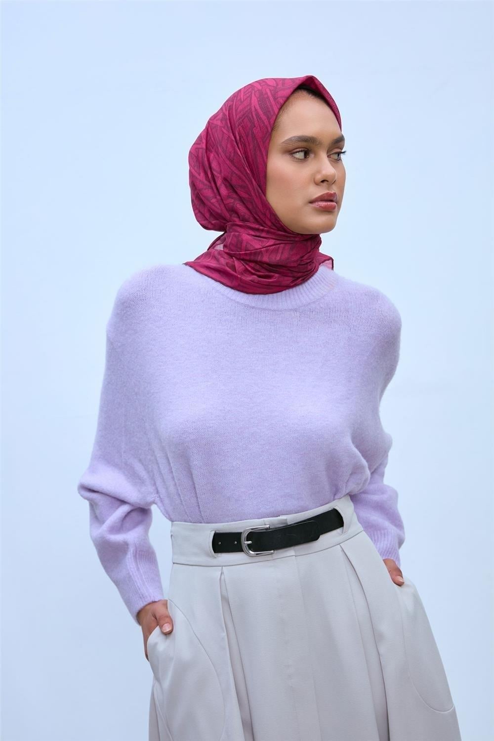 Soft Pamuk Eşarp Fuşya Pembe Bordo Geometrik Desenli Hafif Dokulu 90x90