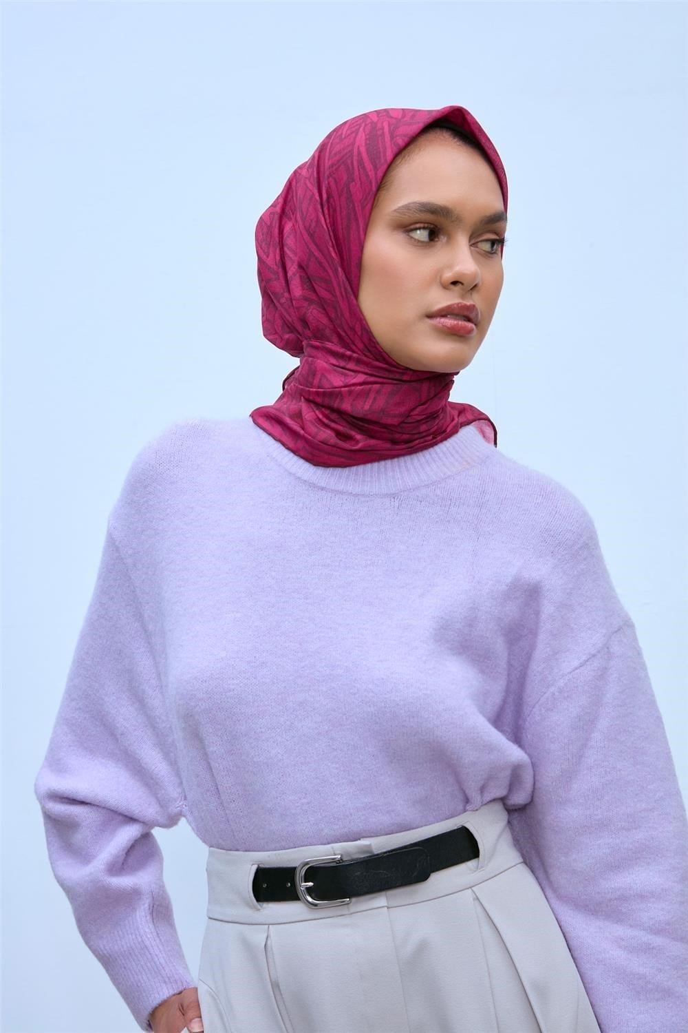 Soft Pamuk Eşarp Fuşya Pembe Bordo Geometrik Desenli Hafif Dokulu 90x90
