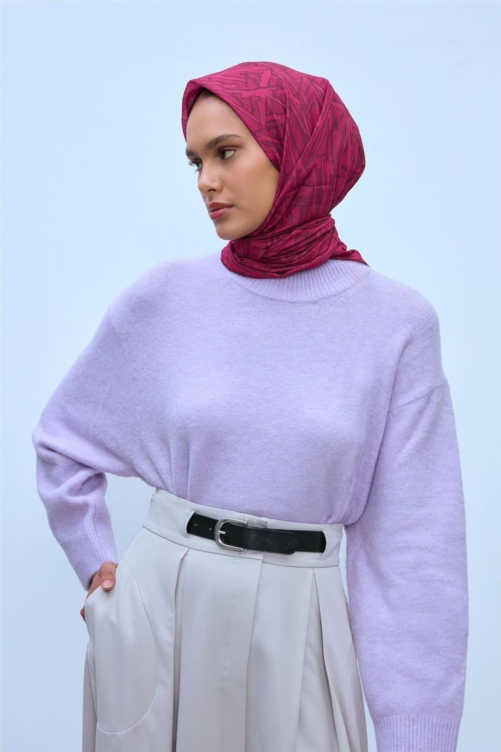 Soft Pamuk Eşarp Fuşya Pembe Bordo Geometrik Desenli Hafif Dokulu 90x90