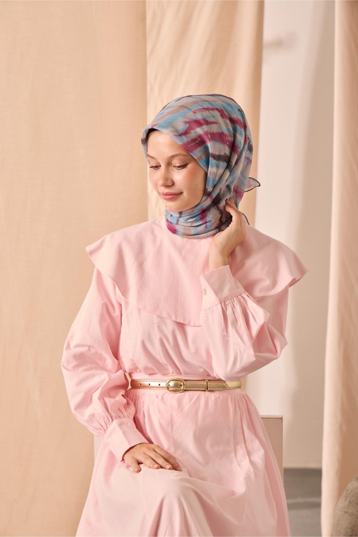 Soft Pamuk Eşarp Gri Pembe Vizon Desenli 90x90
