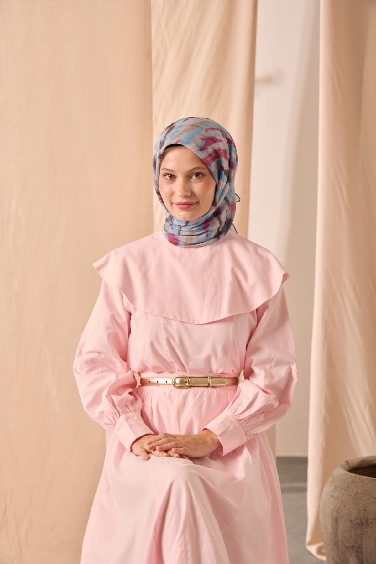 Soft Pamuk Eşarp Gri Pembe Vizon Desenli 90x90