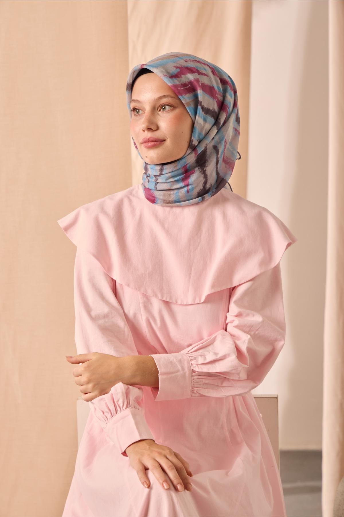 Soft Pamuk Eşarp Gri Pembe Vizon Desenli 90x90