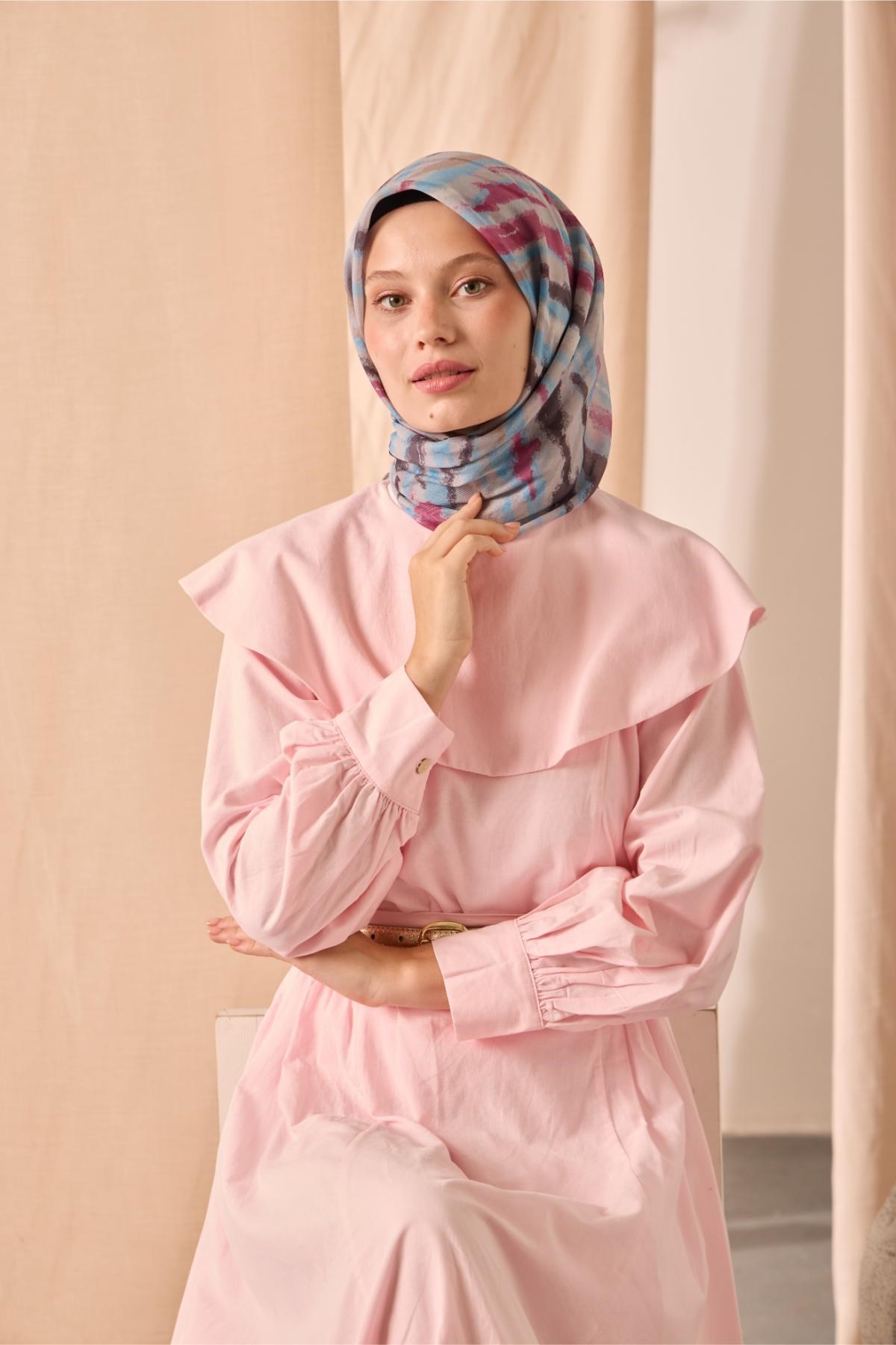 Soft Pamuk Eşarp Gri Pembe Vizon Desenli 90x90