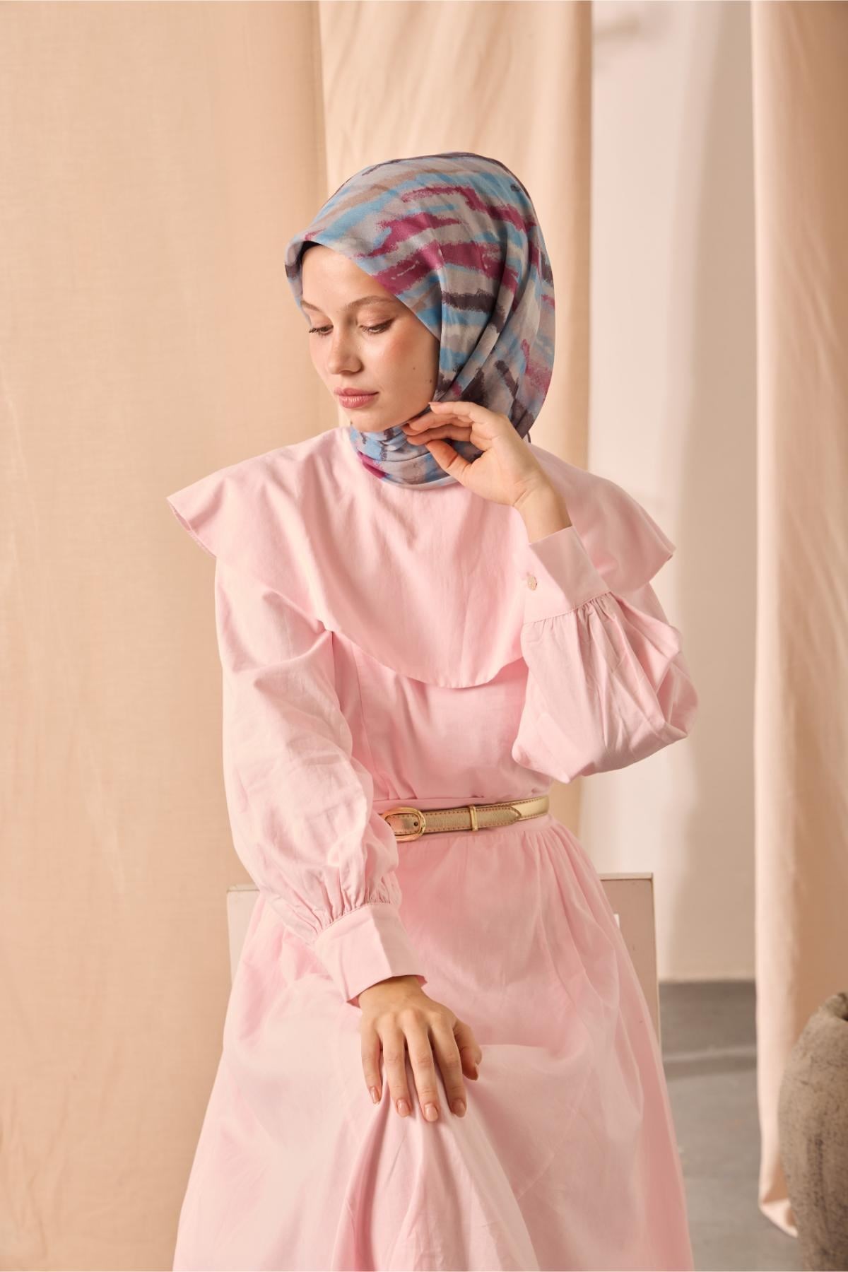 Soft Pamuk Eşarp Gri Pembe Vizon Desenli 90x90