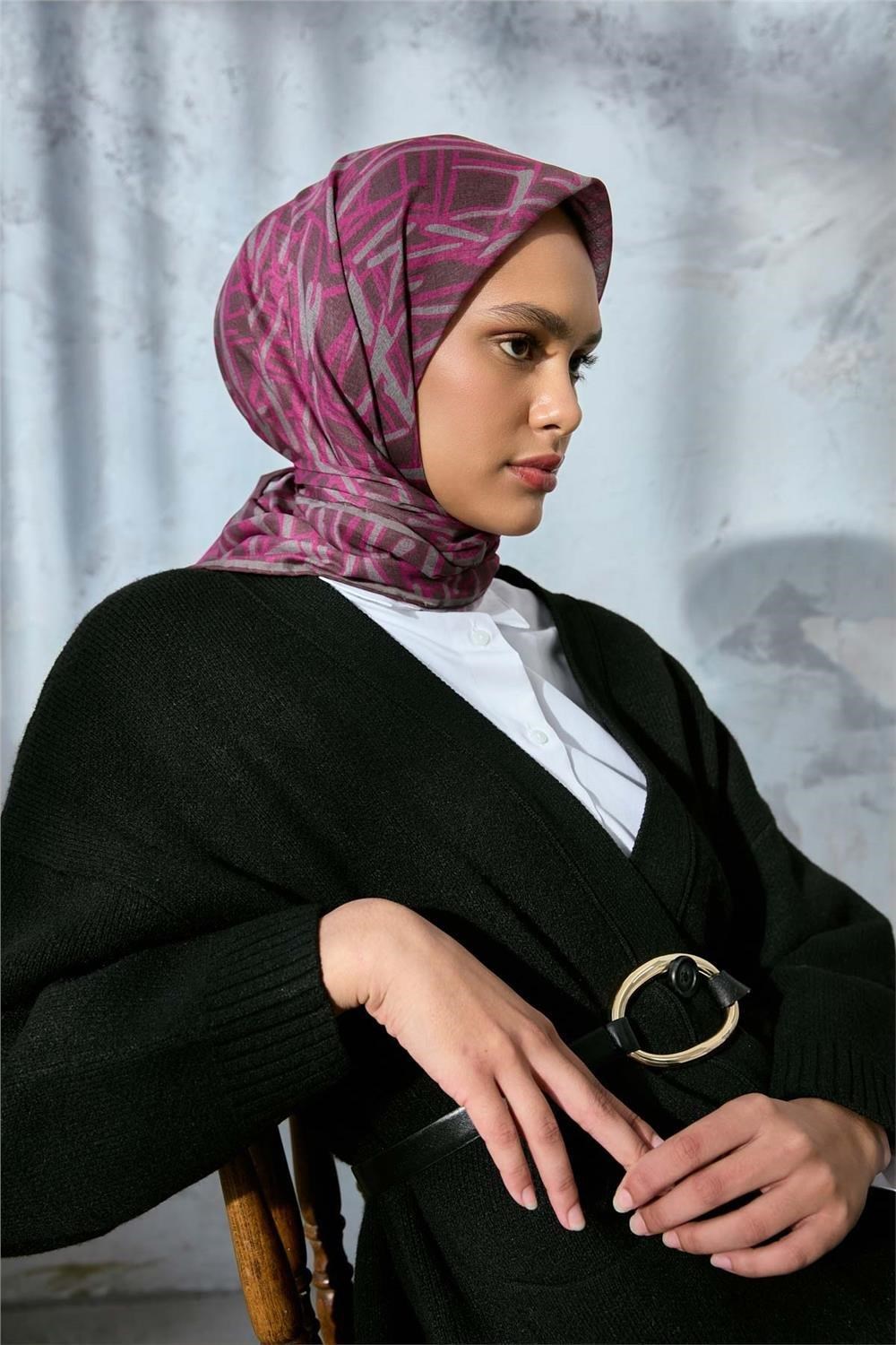 Soft Pamuk Eşarp Kahverengi Pembe Koyu Vizon Geometrik Desenli Hafif Dokulu 90x90