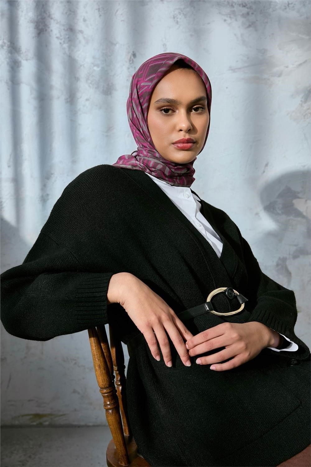 Soft Pamuk Eşarp Kahverengi Pembe Koyu Vizon Geometrik Desenli Hafif Dokulu 90x90