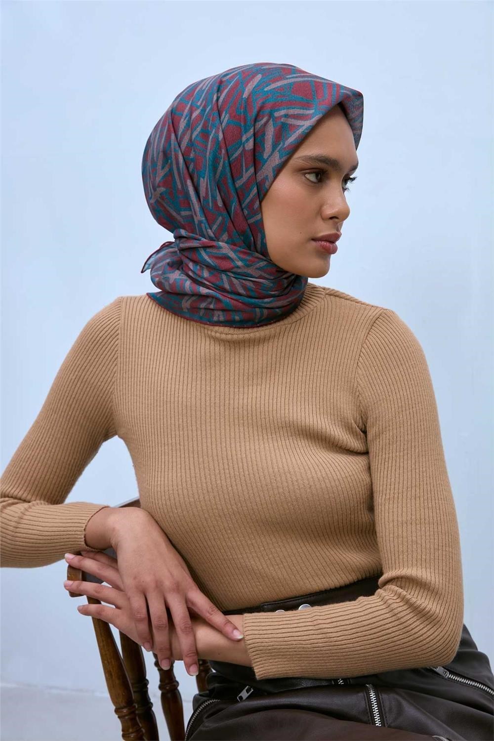 Soft Pamuk Eşarp Kiremit Vizon Turkuaz Geometrik Desenli Hafif Dokulu 90x90
