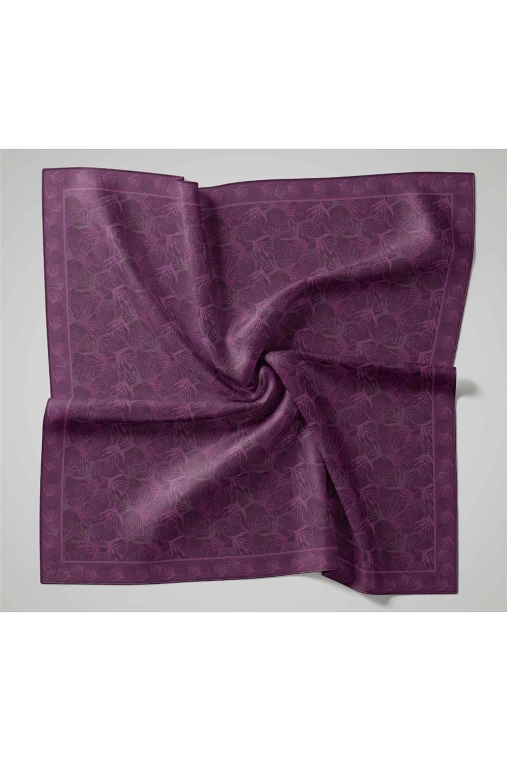 Soft Pamuk Eşarp Koyu Mor Yaprak Desenli Hafif Tok Duruşlu 90x90