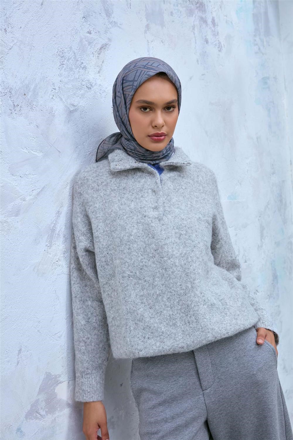 Soft Pamuk Eşarp Mavi Gri Vizon Geometrik Desenli Hafif Dokulu 90x90