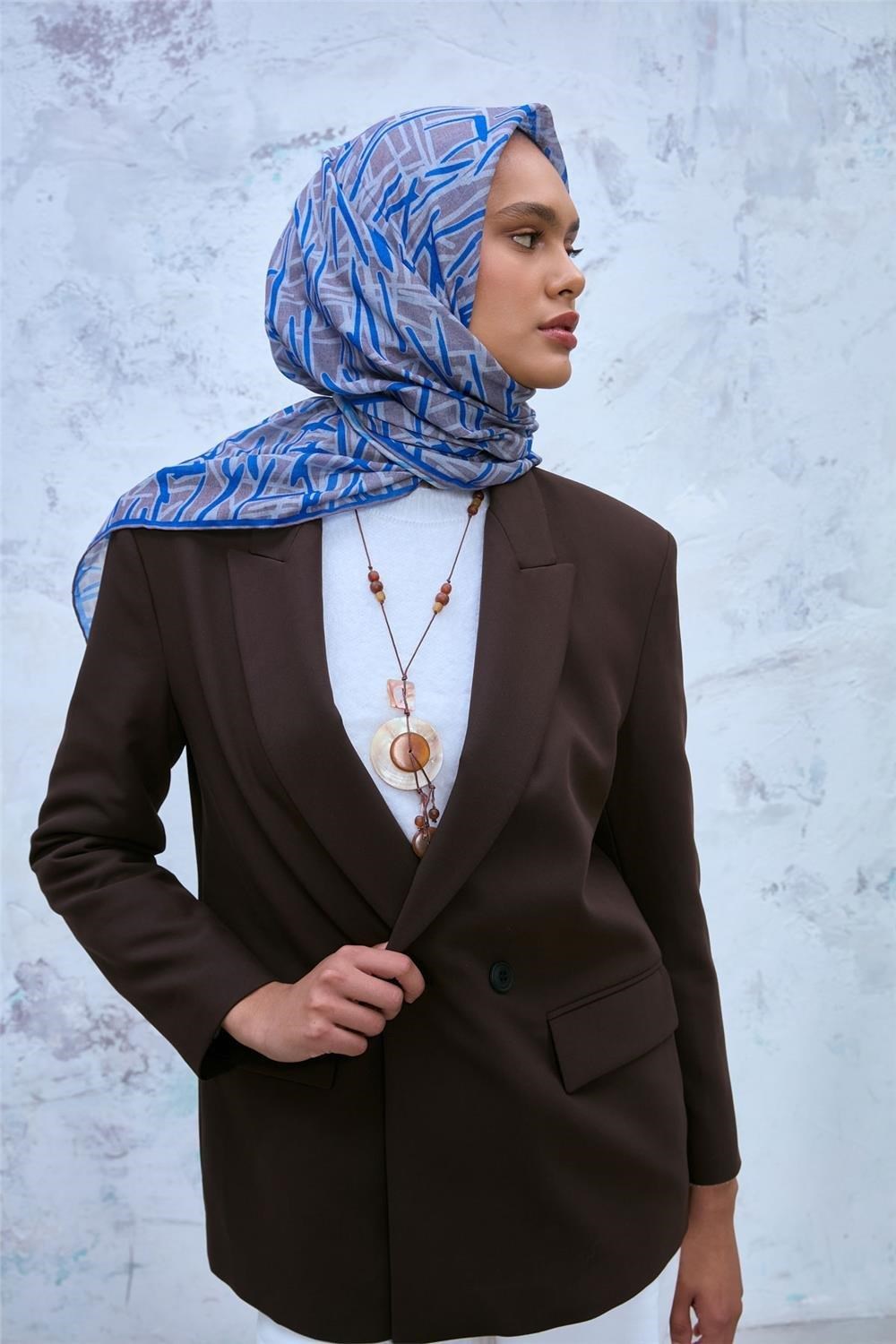 Soft Pamuk Eşarp Mavi Gümüş Vizon Geometrik Desenli Hafif Dokulu 90x90