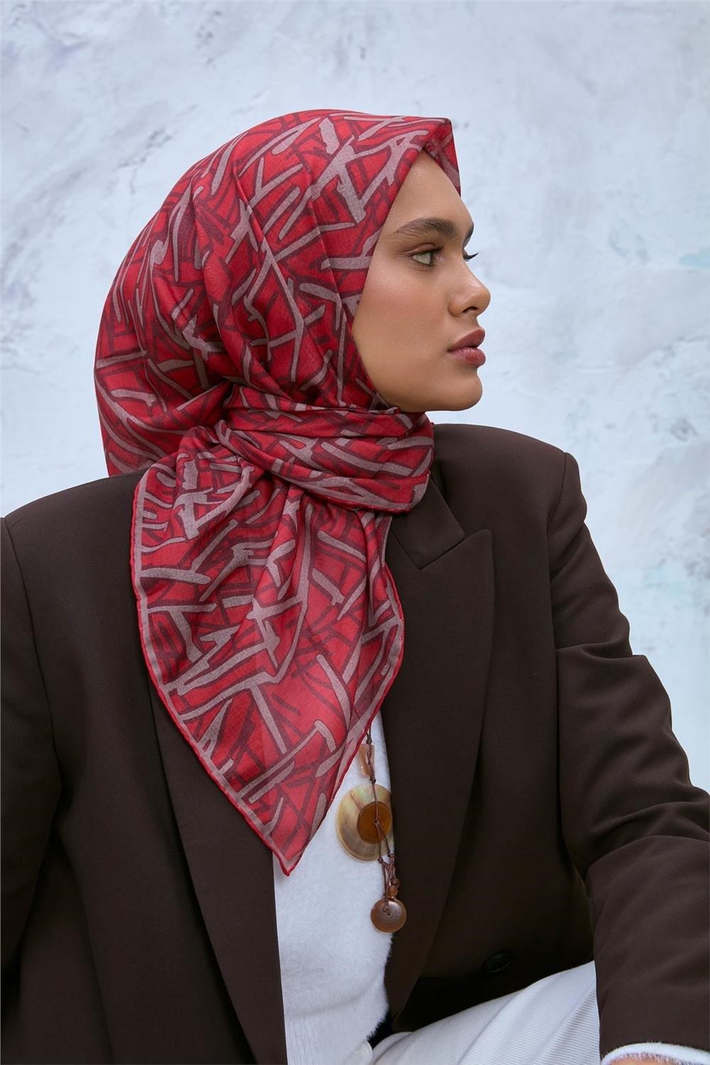 Soft Pamuk Eşarp Mercan Vizon Bordo Geometrik Desenli Hafif Dokulu 90x90