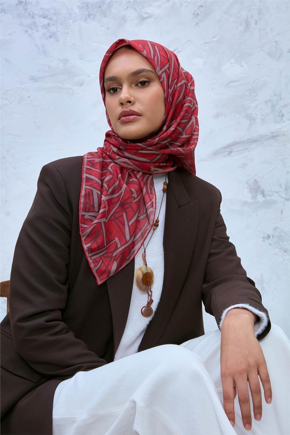 Soft Pamuk Eşarp Mercan Vizon Bordo Geometrik Desenli Hafif Dokulu 90x90