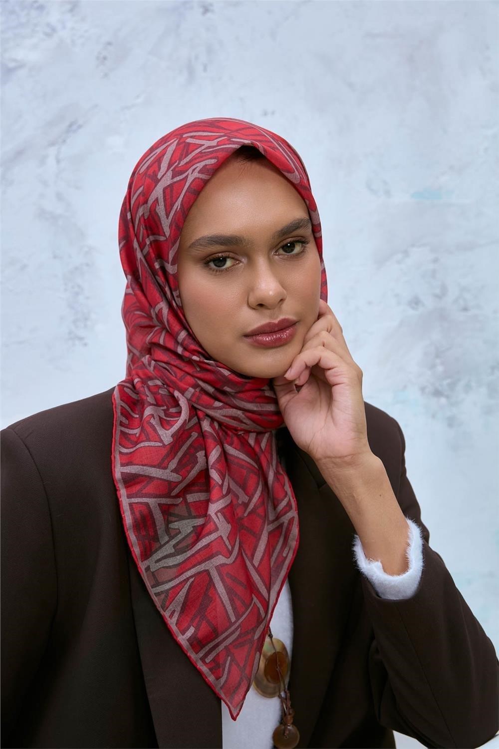 Soft Pamuk Eşarp Mercan Vizon Bordo Geometrik Desenli Hafif Dokulu 90x90