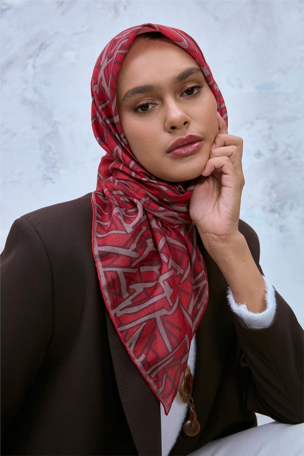 Soft Pamuk Eşarp Mercan Vizon Bordo Geometrik Desenli Hafif Dokulu 90x90