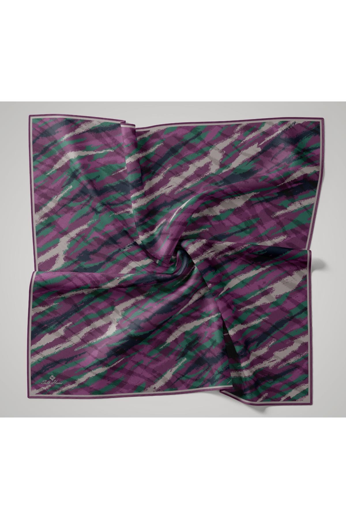 Soft Pamuk Eşarp Mor-Patina Yeşili-Lacivert-Gri Desenli Kaymaz Tok Duruşlu 90x90