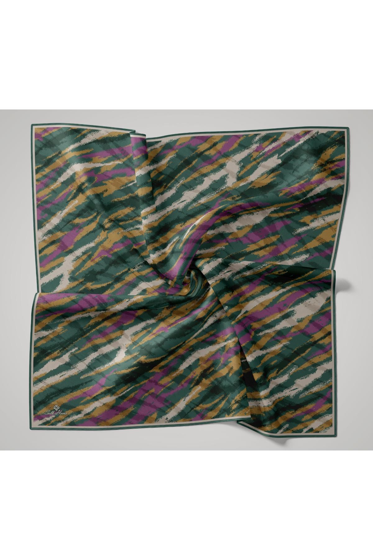 Soft Pamuk Eşarp Patina Yeşili-Gri-Mor-Hardal Desenli Kaymaz Tok Duruşlu 90x90