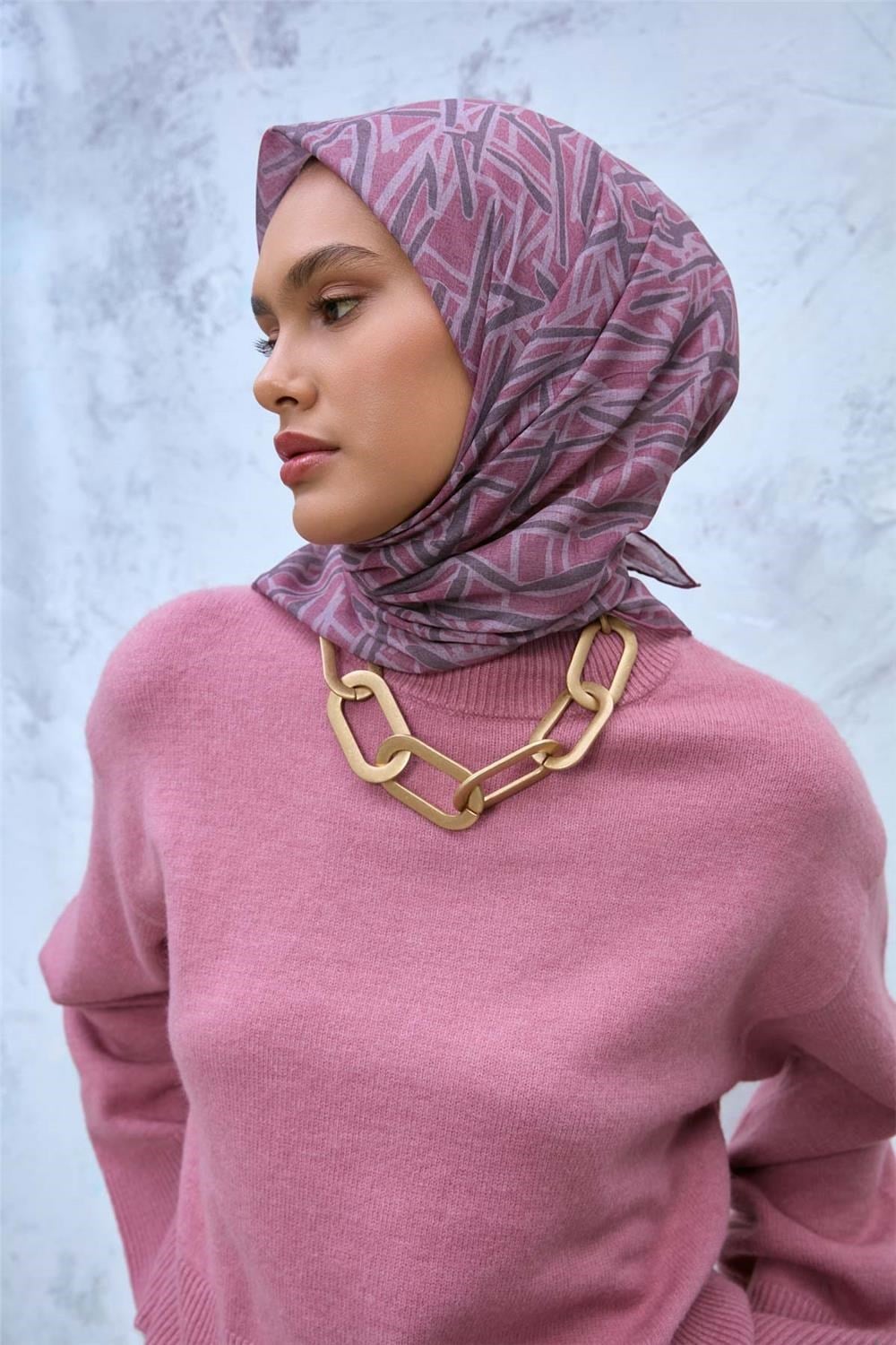 Soft Pamuk Eşarp Rose Koyu Vizon Tozpembe Geometrik Desenli Hafif Dokulu 90x90