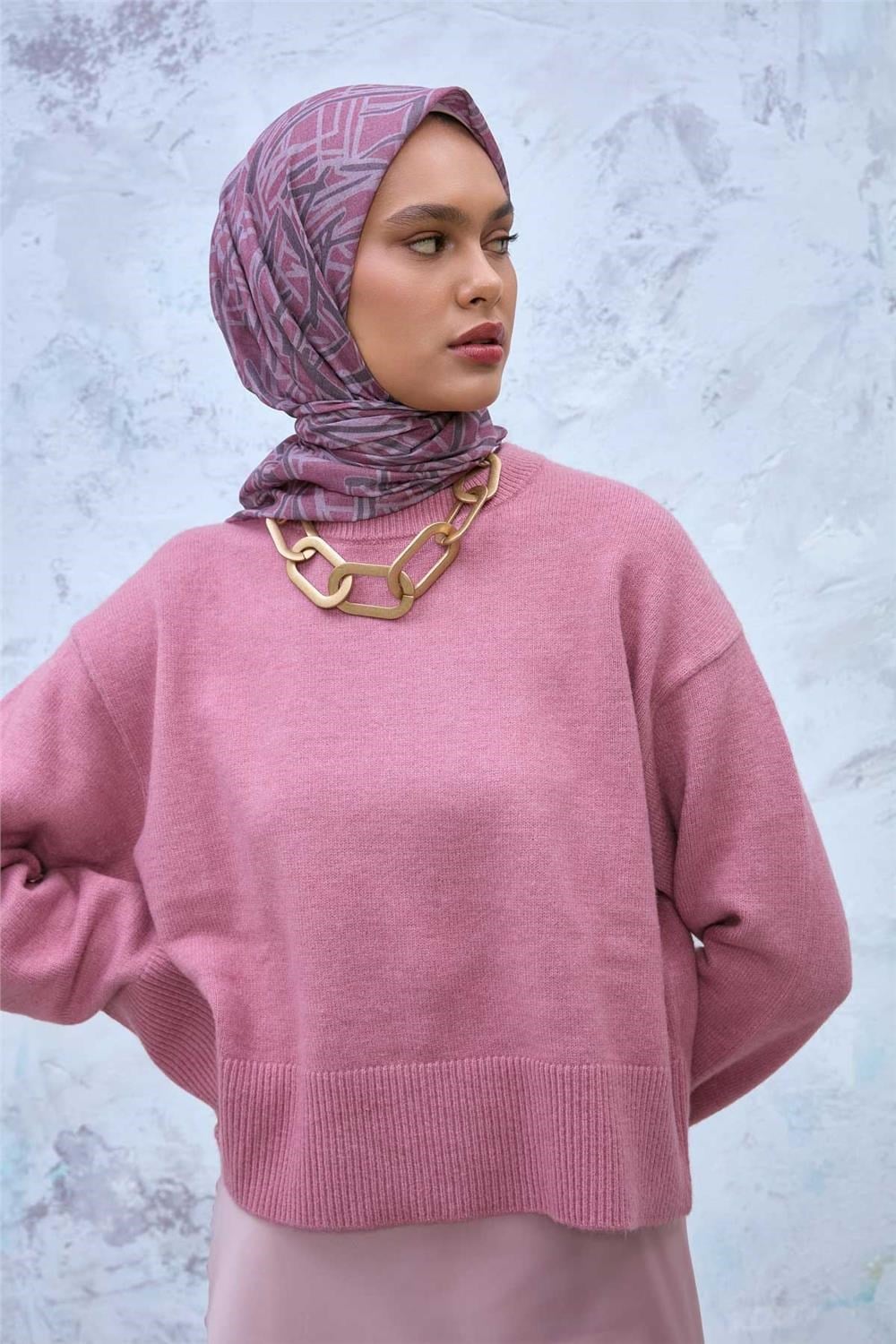 Soft Pamuk Eşarp Rose Koyu Vizon Tozpembe Geometrik Desenli Hafif Dokulu 90x90