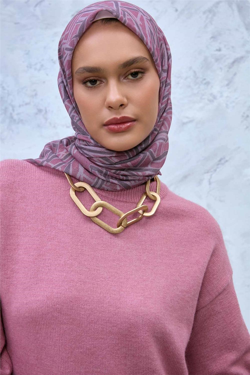 Soft Pamuk Eşarp Rose Koyu Vizon Tozpembe Geometrik Desenli Hafif Dokulu 90x90