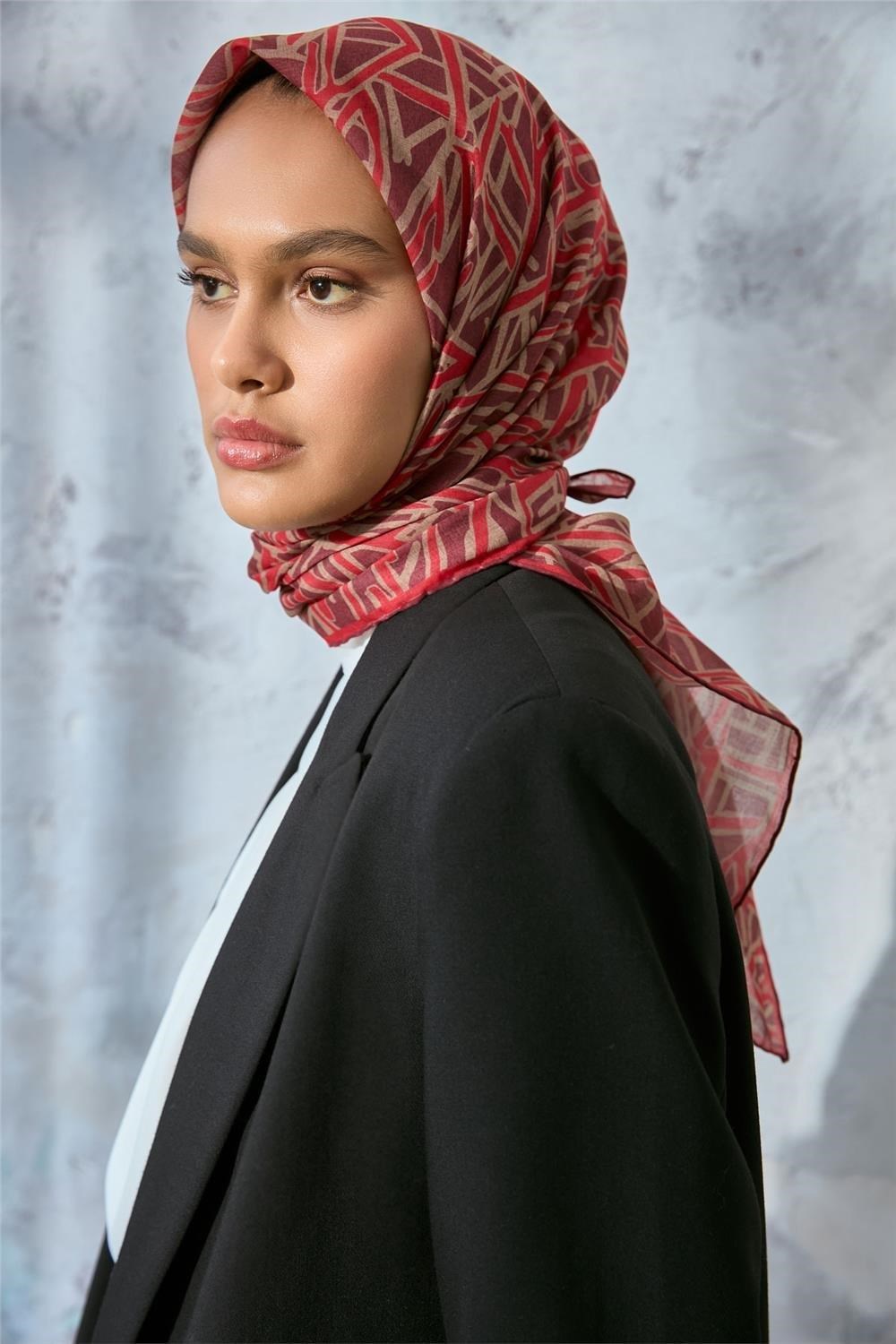 Soft Pamuk Eşarp Vişne Mercan Bej Geometrik Desenli Hafif Dokulu 90x90