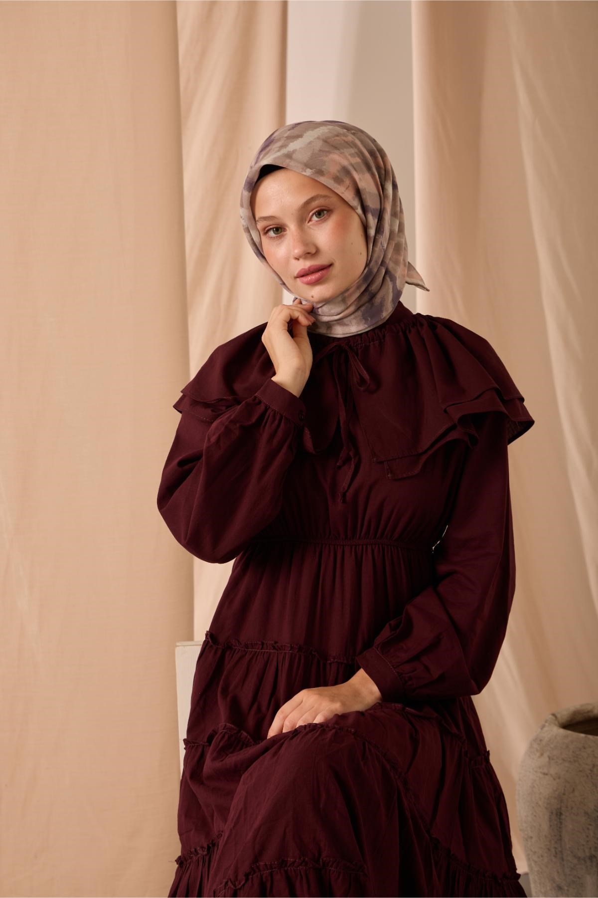 Soft Pamuk Eşarp Vizon Mor Somon Desenli 90x90