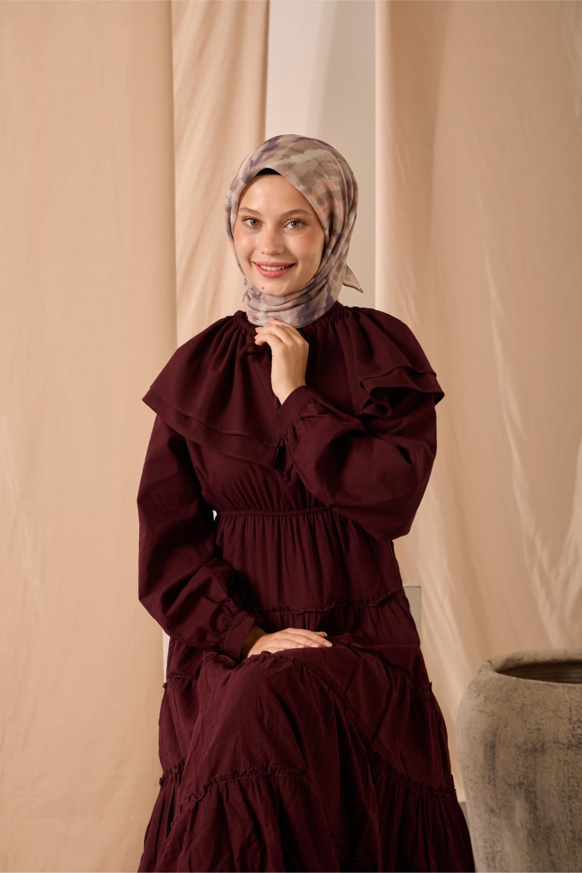 Soft Pamuk Eşarp Vizon Mor Somon Desenli 90x90