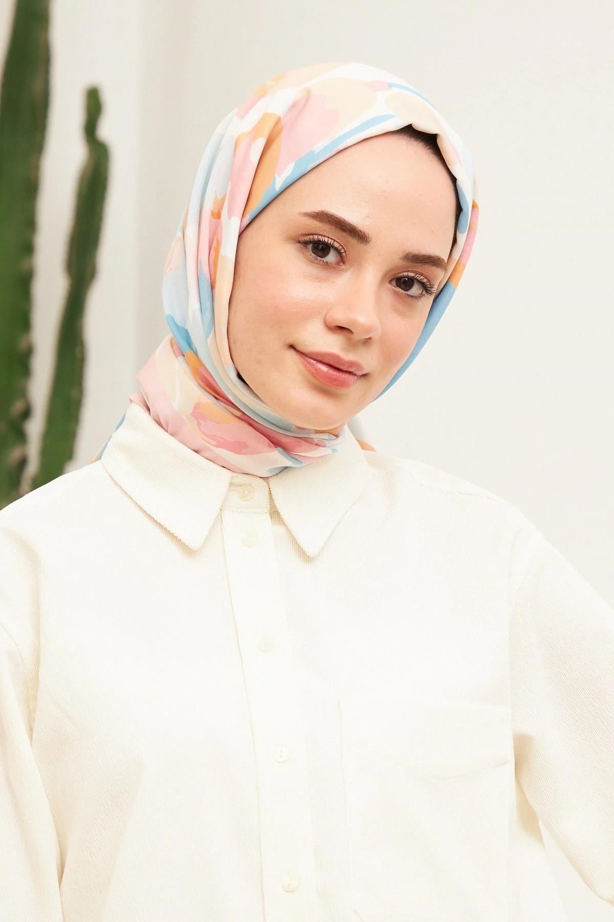 Sulu Boya Desenli Pamuk Şal Toz Pembe