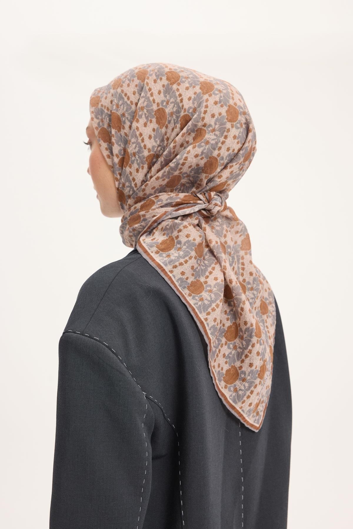 Tencel Monare Eşarp Bahar Desen Açık Kahve 90X90