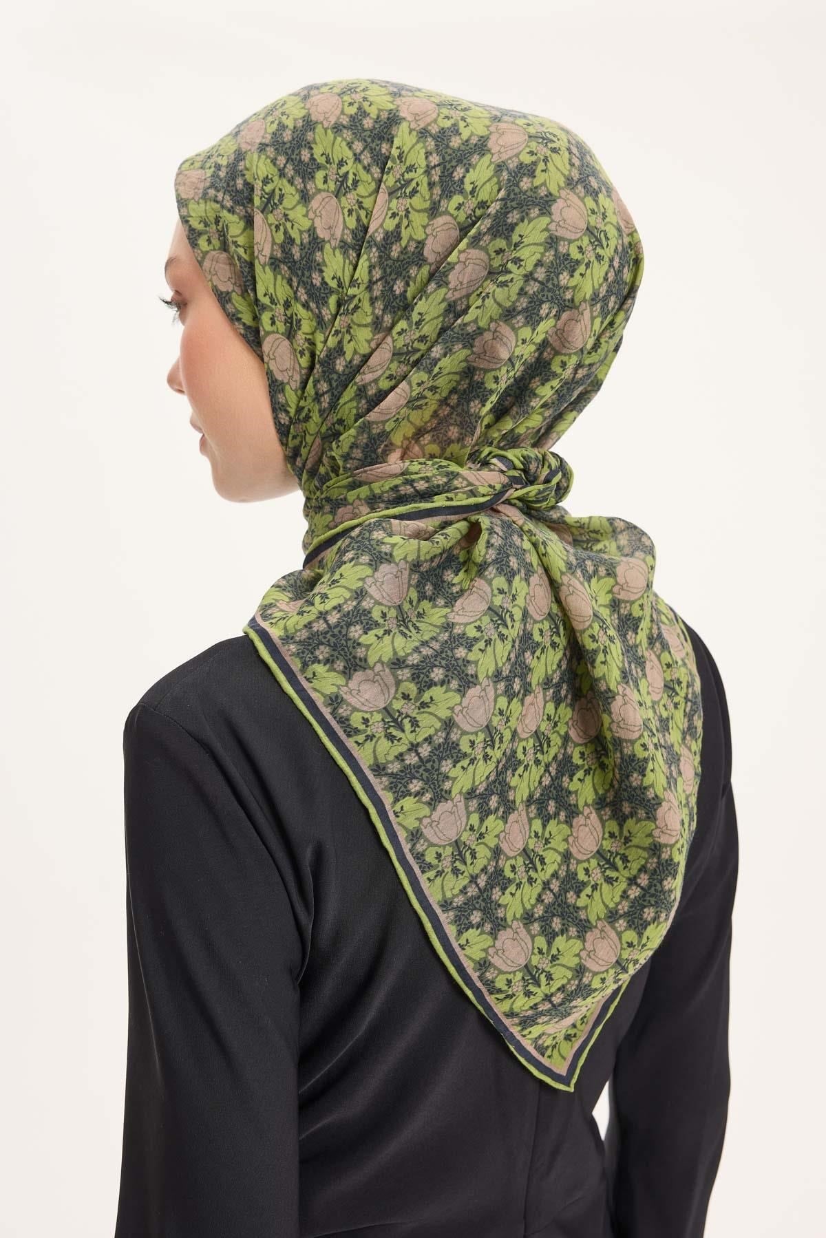 Tencel Monare Eşarp Bahar Desen Açık Yeşil 90X90
