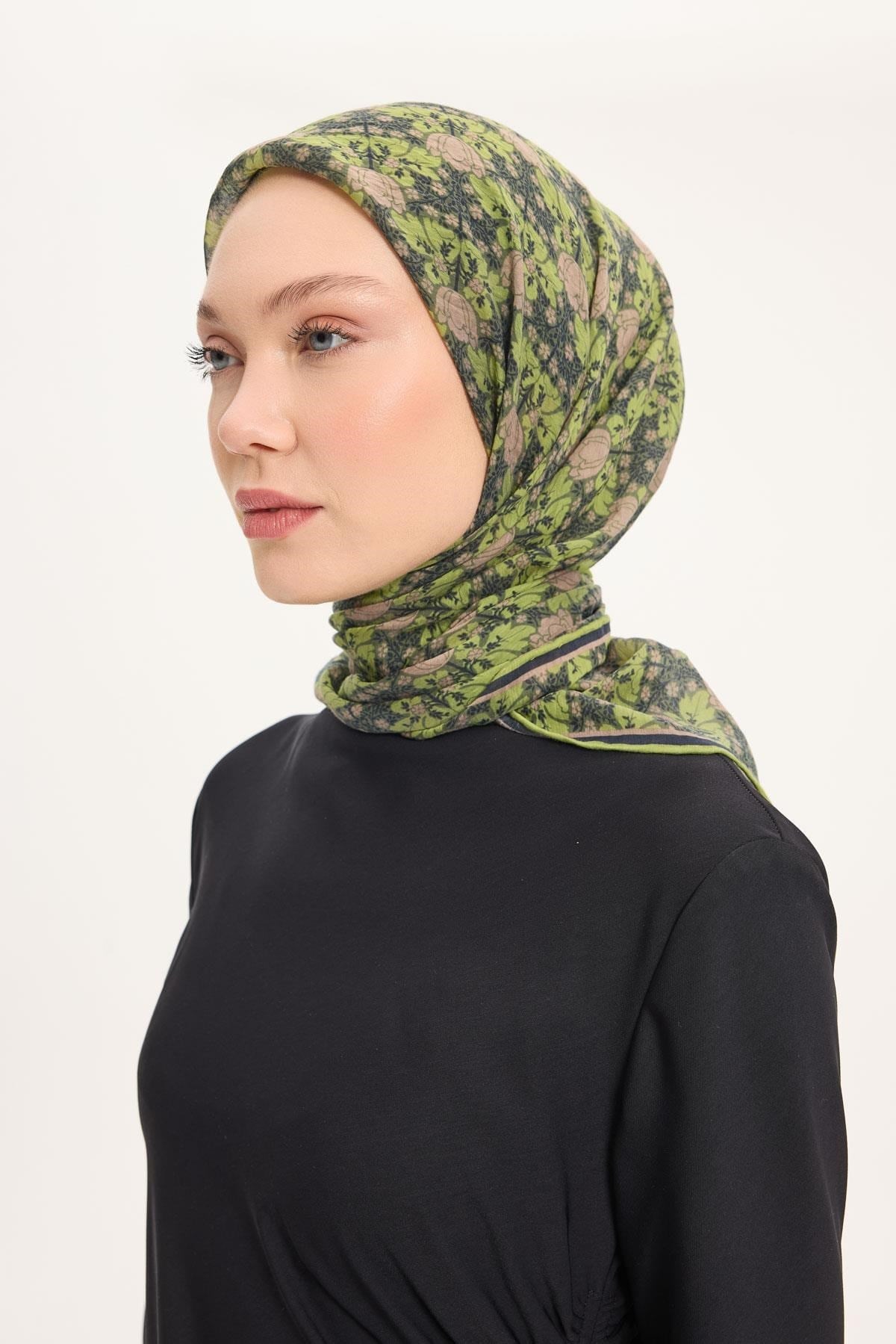 Tencel Monare Eşarp Bahar Desen Açık Yeşil 90X90