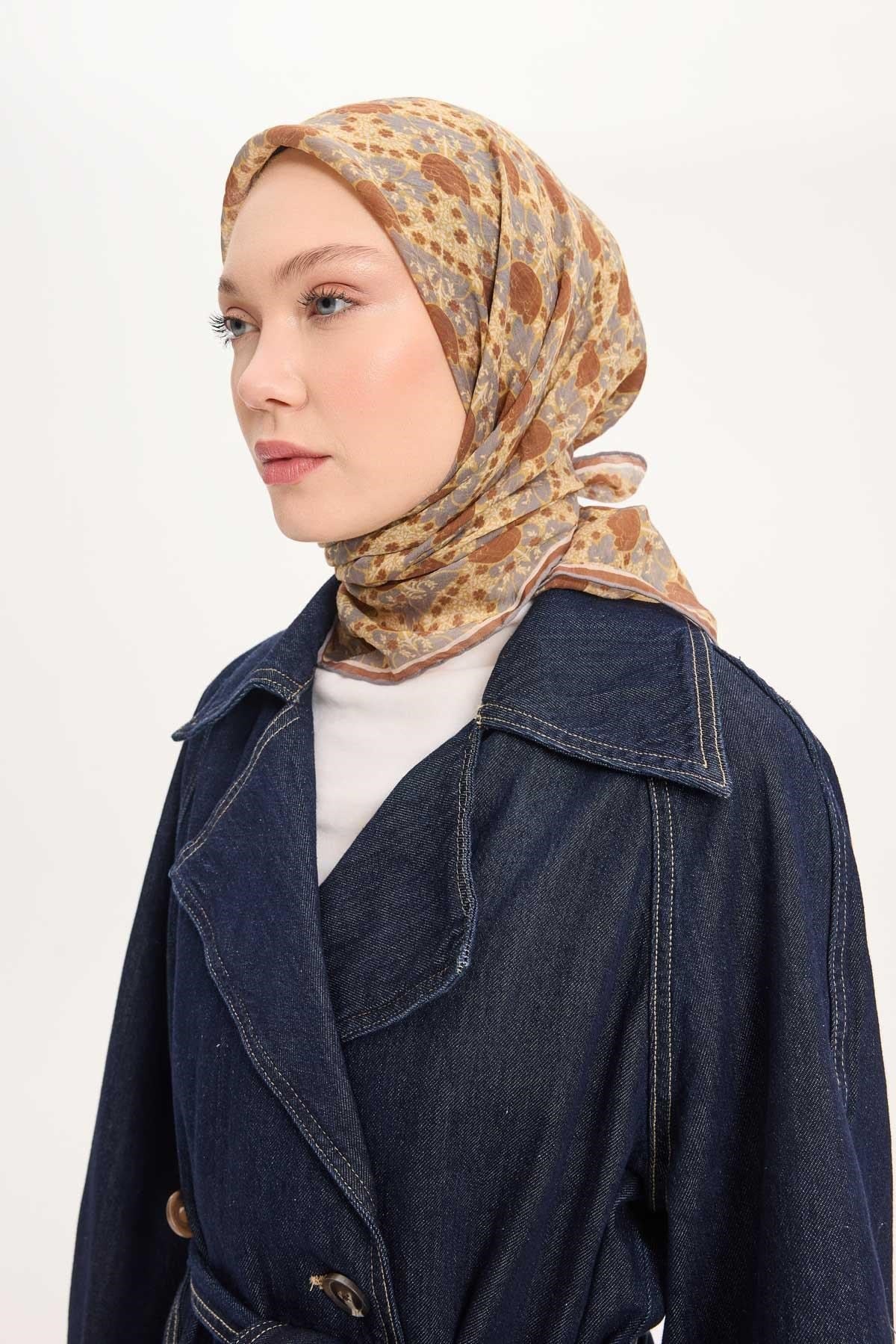Tencel Monare Eşarp Bahar Desen Kahverengi 90X90