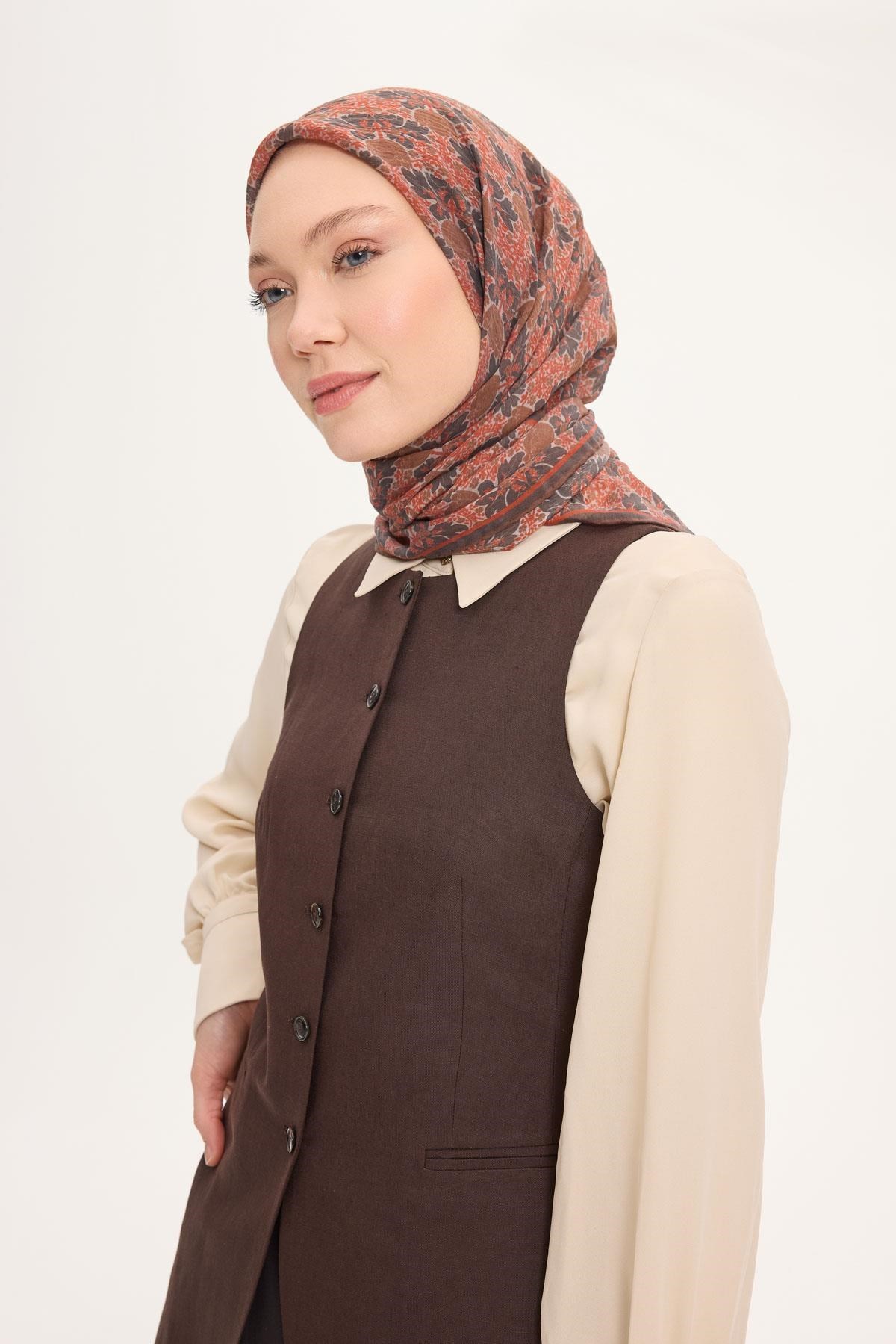 Tencel Monare Eşarp Bahar Desen Kahverengi 90X90