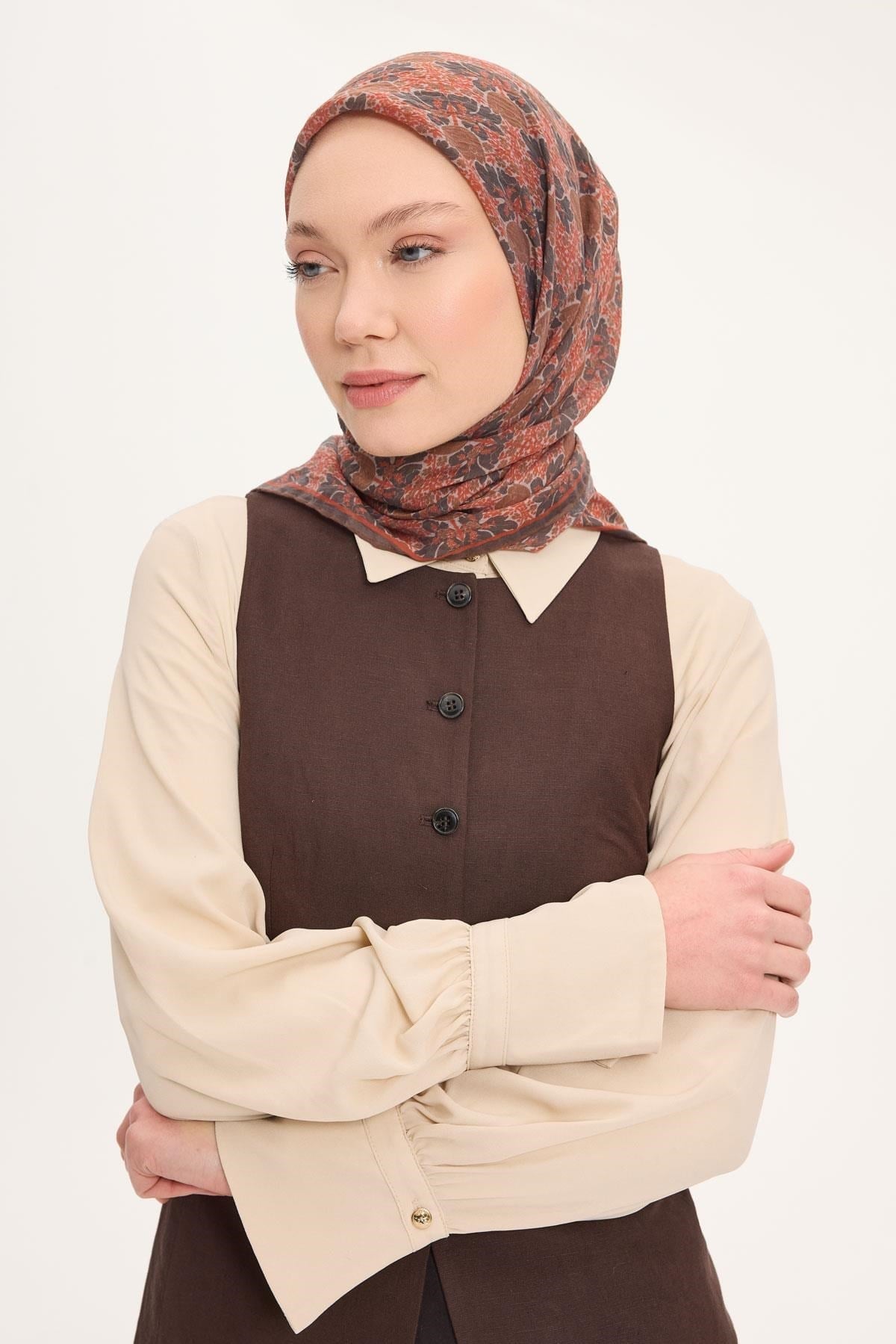 Tencel Monare Eşarp Bahar Desen Kahverengi 90X90