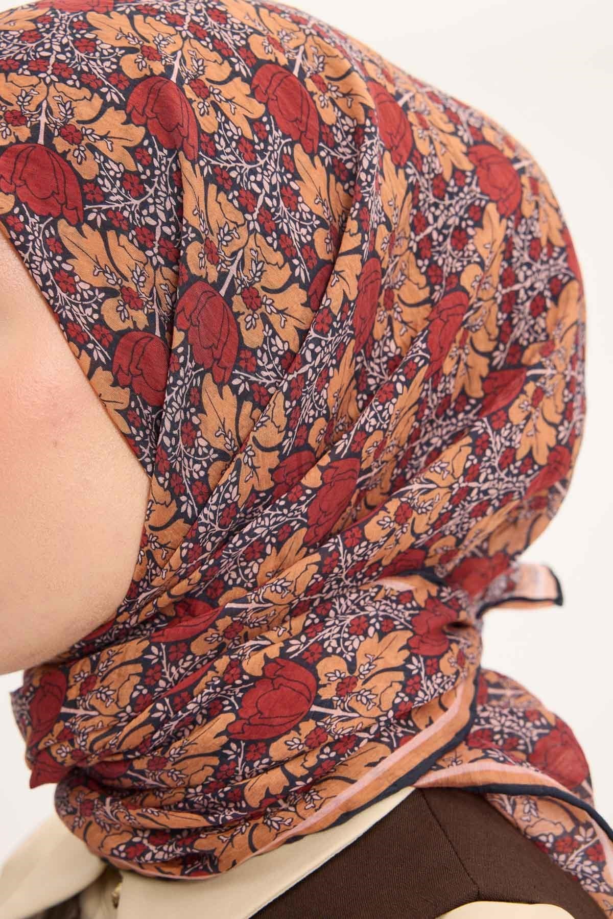 Tencel Monare Eşarp Bahar Desen Kiremit Kırmızı 90X90