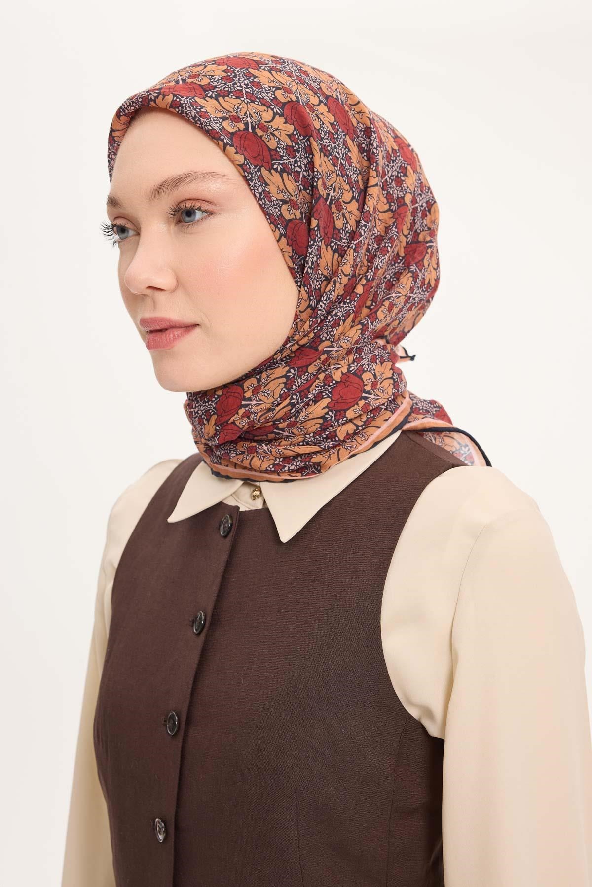 Tencel Monare Eşarp Bahar Desen Kiremit Kırmızı 90X90