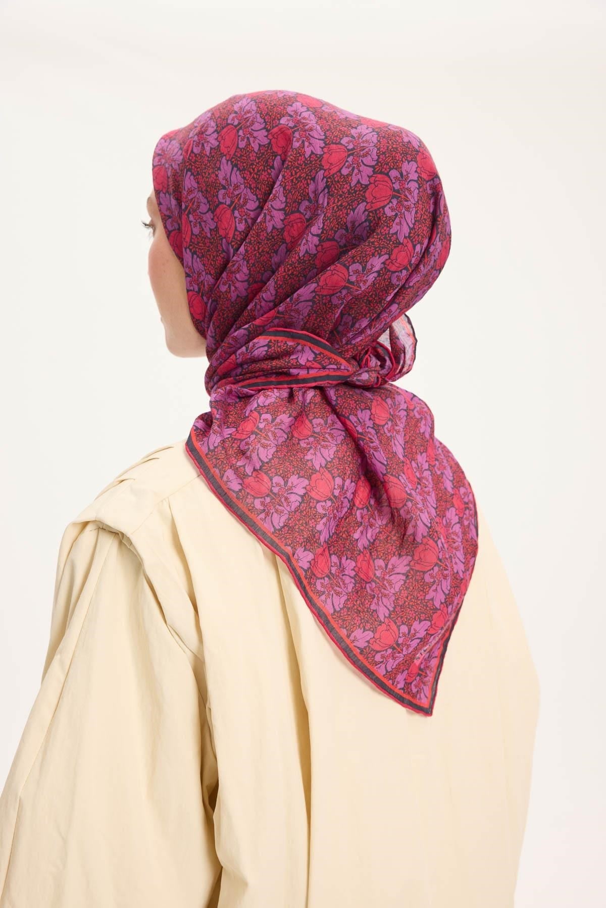 Tencel Monare Eşarp Bahar Desen Kırmızı Mor 90X90