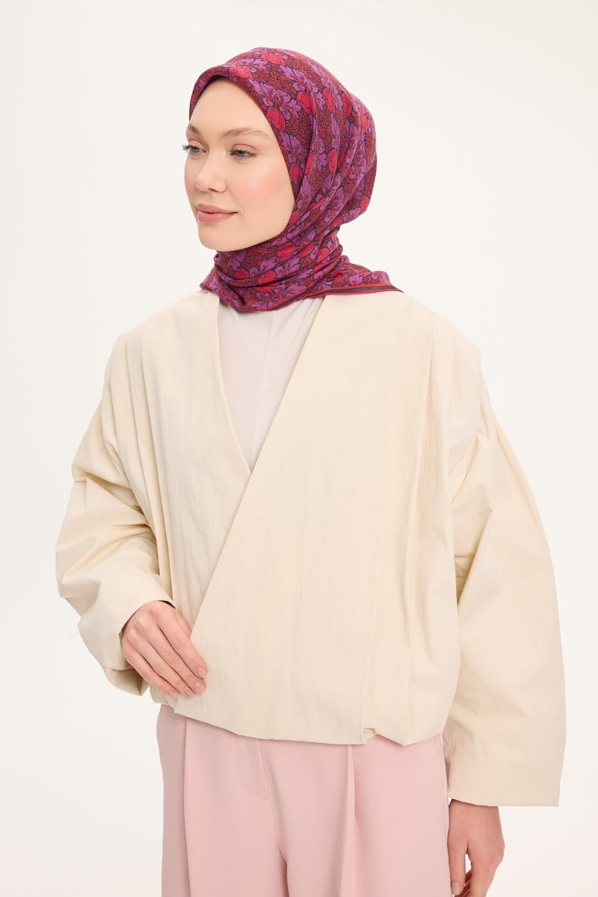 Tencel Monare Eşarp Bahar Desen Kırmızı Mor 90X90