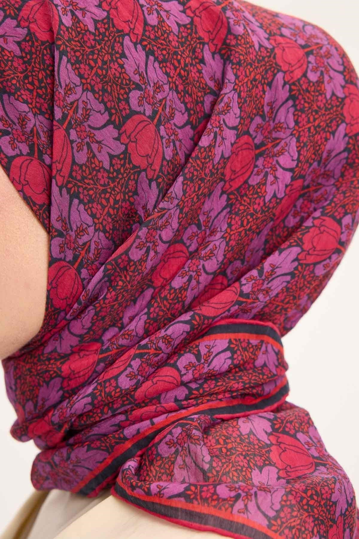 Tencel Monare Eşarp Bahar Desen Kırmızı Mor 90X90