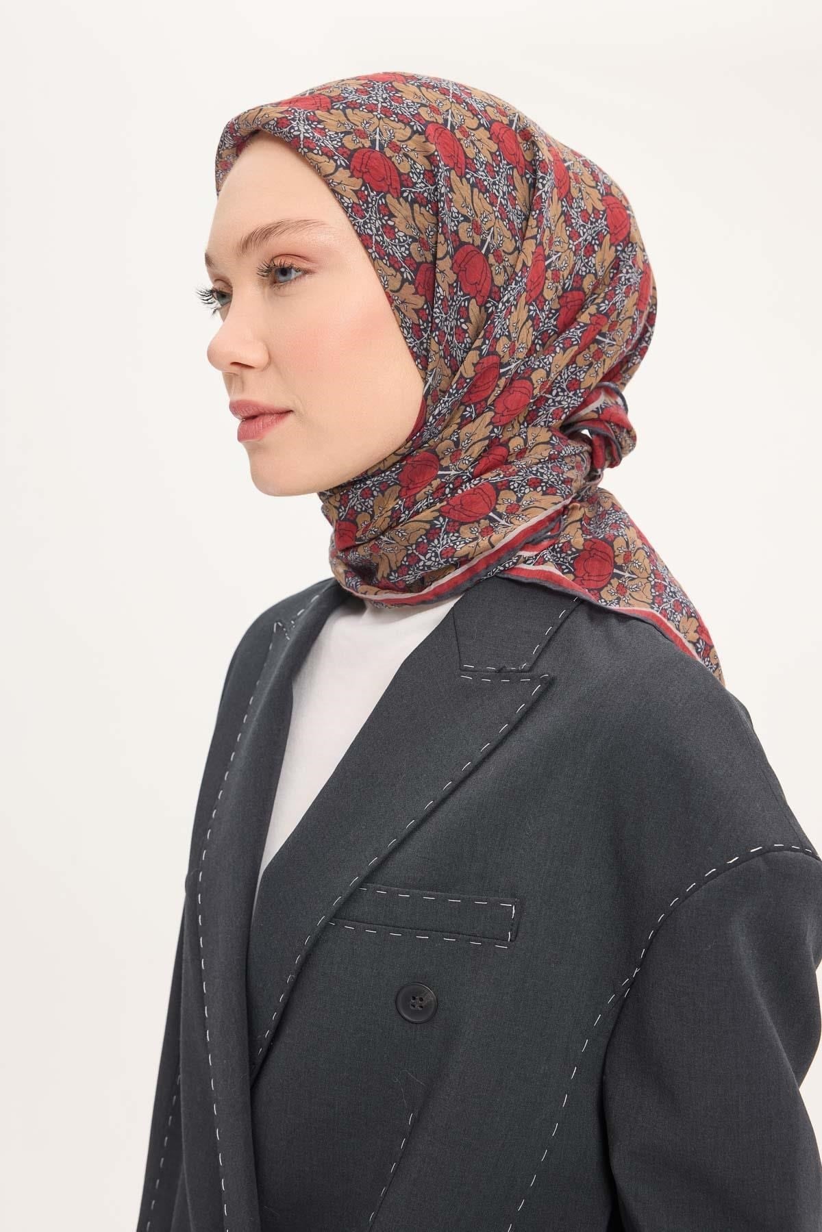 Tencel Monare Eşarp Bahar Desen Kırmızı 90X90