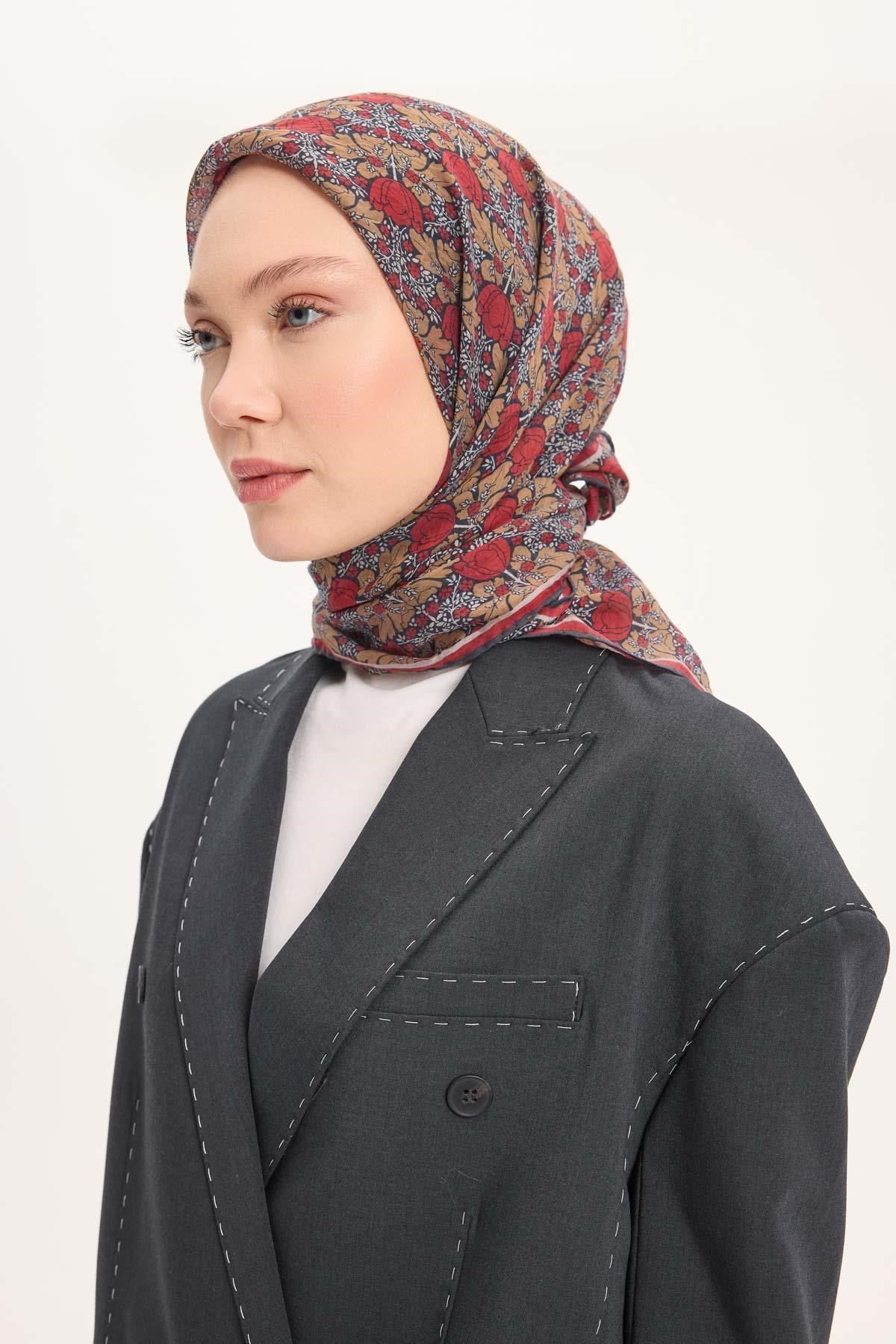 Tencel Monare Eşarp Bahar Desen Kırmızı 90X90