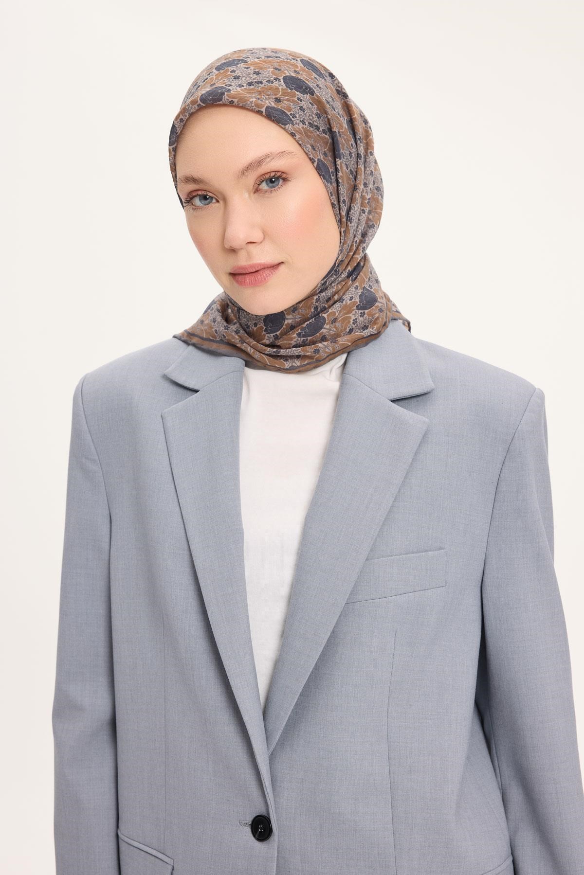 Tencel Monare Eşarp Bahar Desen Koyu Gri 90X90