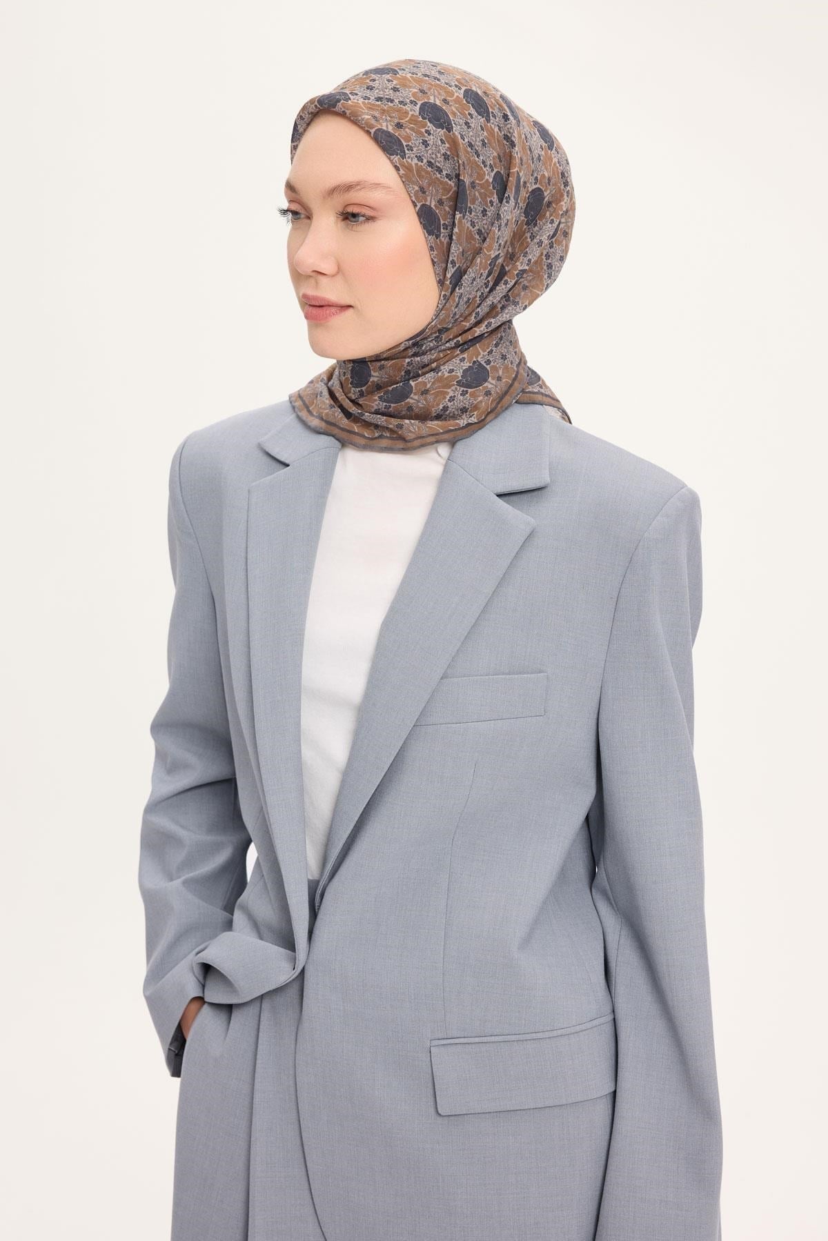 Tencel Monare Eşarp Bahar Desen Koyu Gri 90X90