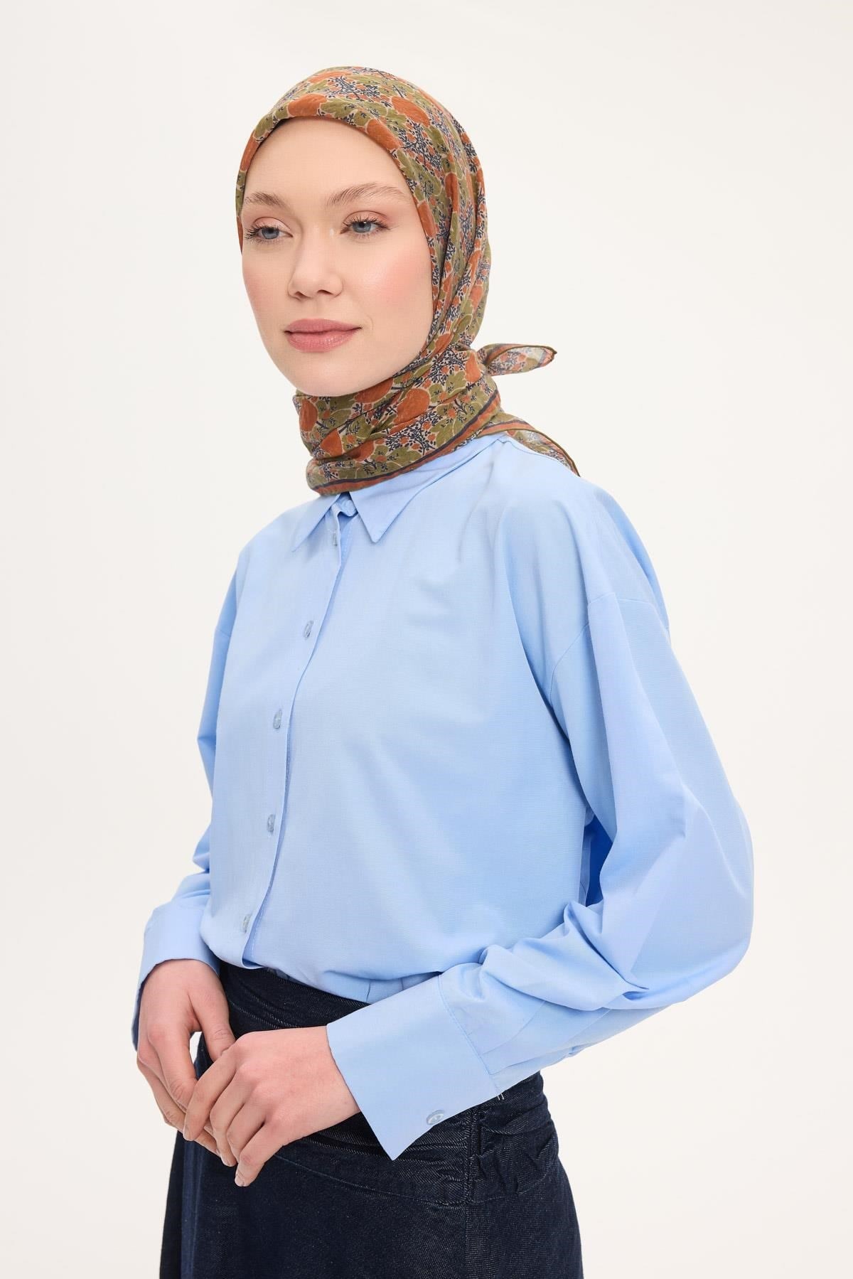 Tencel Monare Eşarp Bahar Desen Koyu Turuncu 90X90