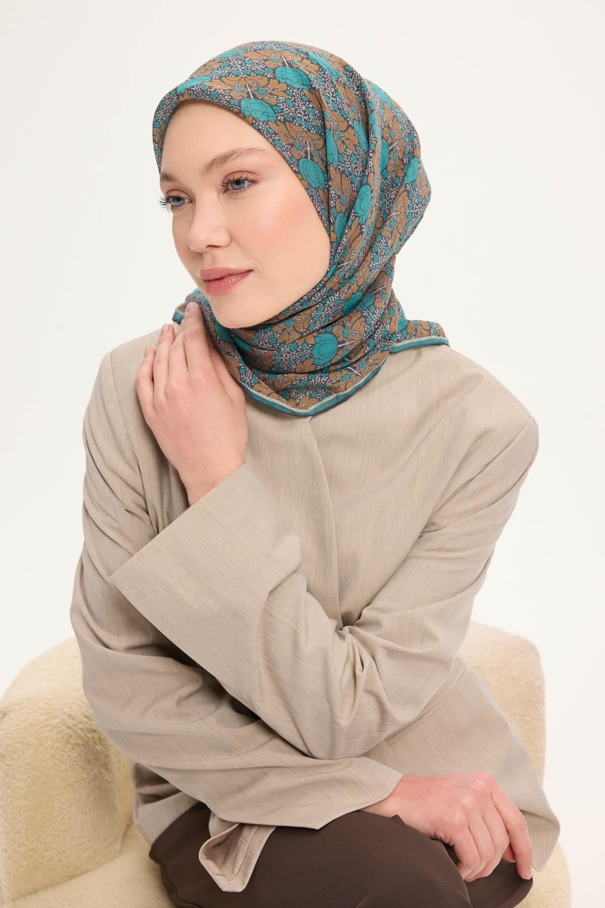 Tencel Monare Eşarp Bahar Desen Petrol Yeşili 90X90