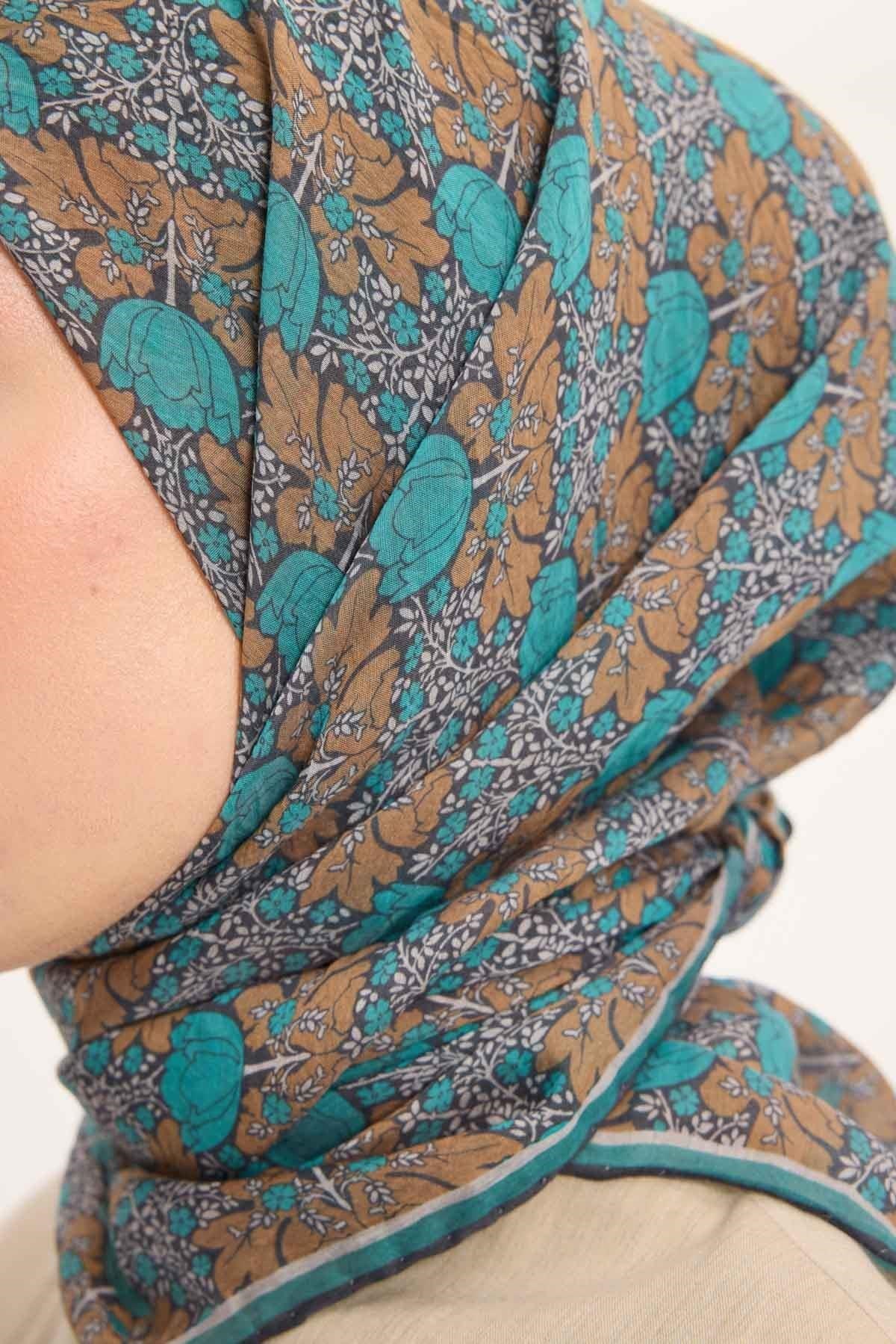 Tencel Monare Eşarp Bahar Desen Petrol Yeşili 90X90