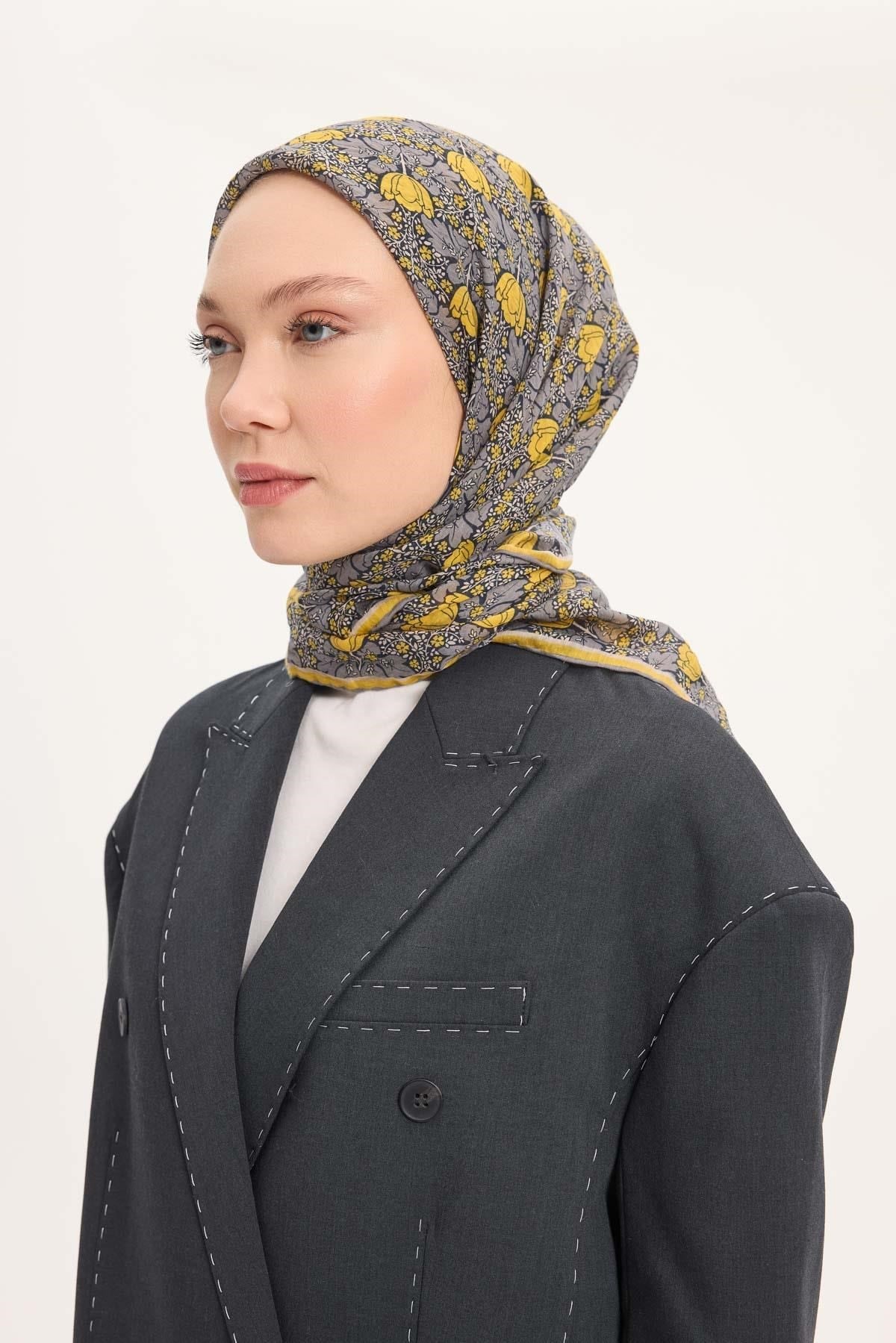 Tencel Monare Eşarp Bahar Desen Sarı 90X90
