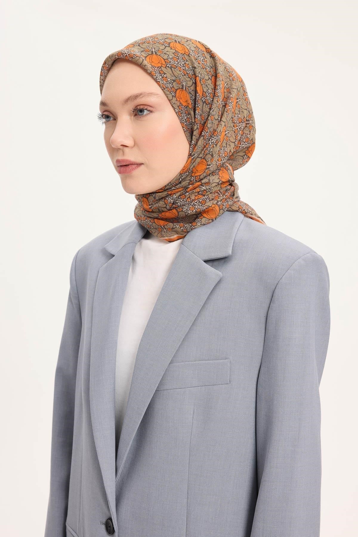 Tencel Monare Eşarp Bahar Desen Turuncu 90X90