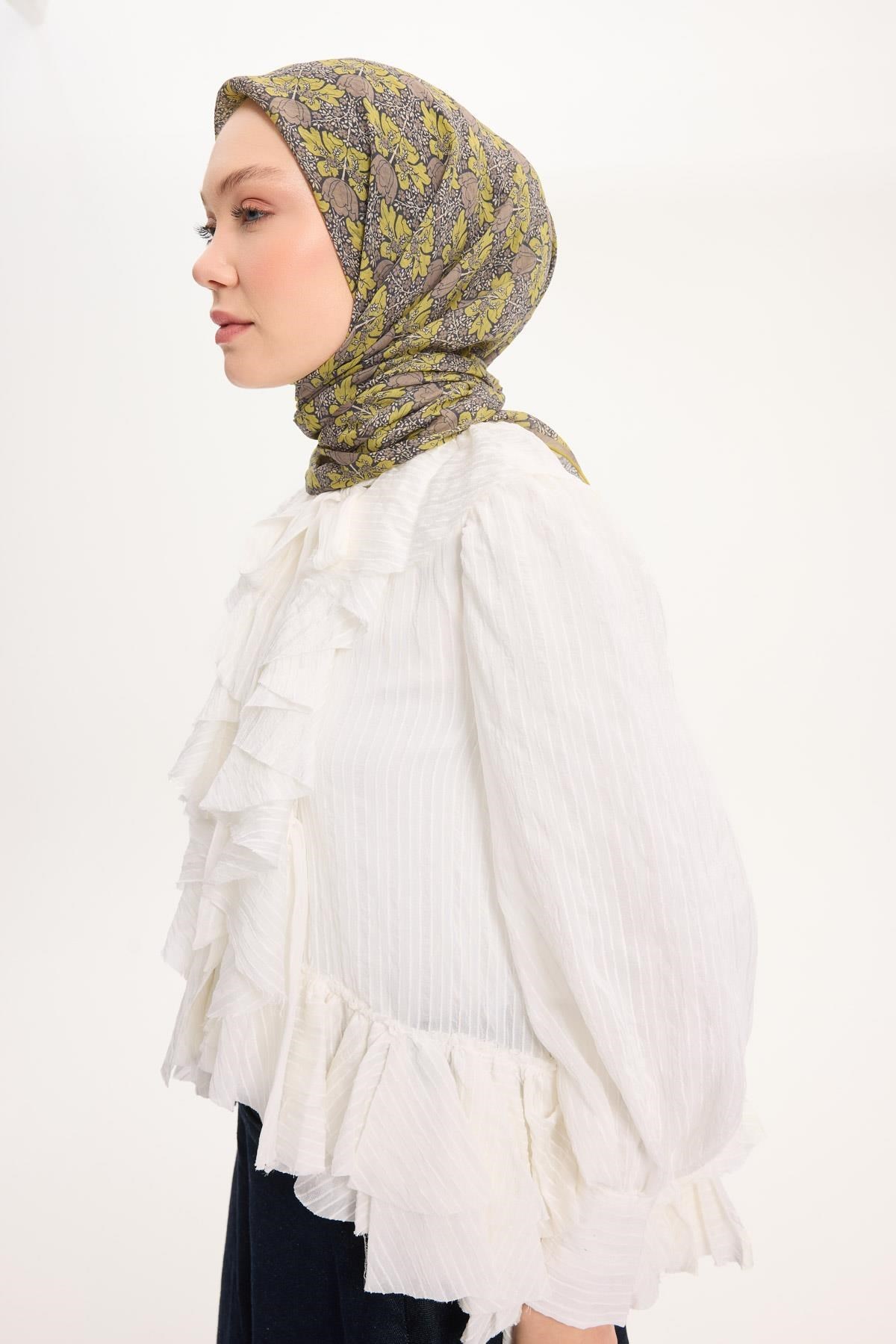 Tencel Monare Eşarp Bahar Desen Yağ Yeşili 90X90