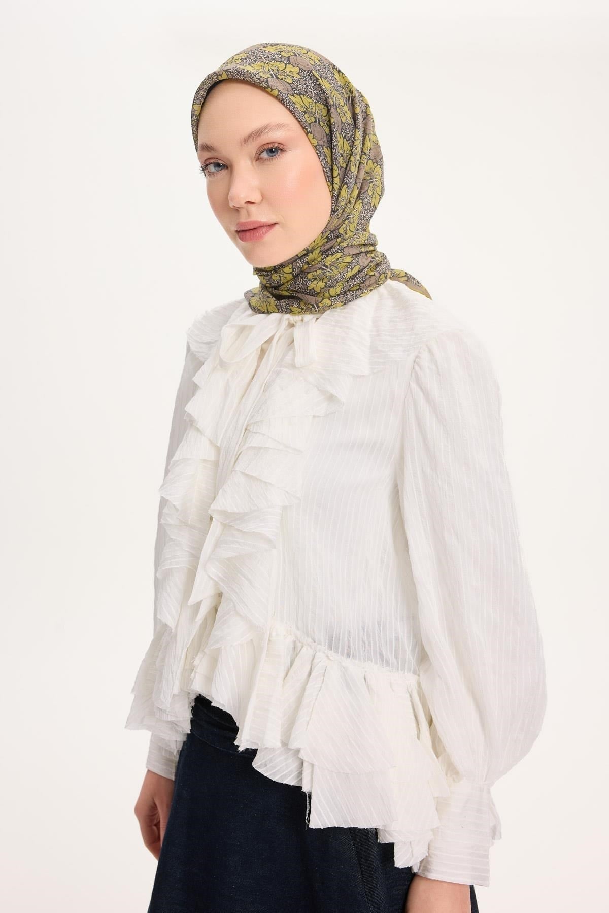Tencel Monare Eşarp Bahar Desen Yağ Yeşili 90X90